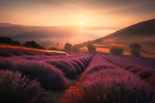 Lavendelveld op een glooiende helling tijdens zonsopkomst