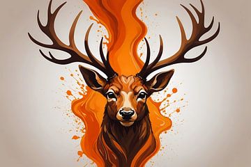 Fiery deer head with orange abstraction by De Muurdecoratie
