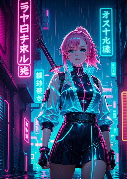 Samurai Girl Anime Japan Cyberpunk Stil von Ruzerin