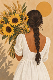 Sonnenblumen und Weizen – Frau im Leinenkleid von Albert Klee