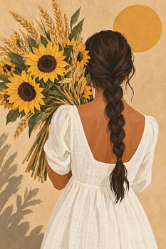 Sonnenblumen und Weizen – Frau im Leinenkleid