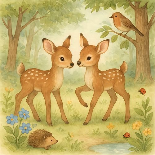 Zwillinge Rehkitze im Wald – Fröhliche Tiere fürs Kinderzimmer