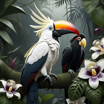 Cockatoo bird and dwarf parrot