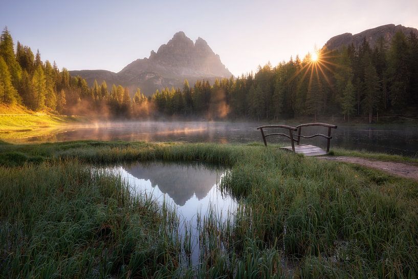 Golden spring morning on Lago Antorno in the Dolomites by Daniel Gastager