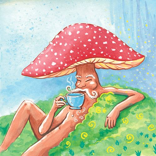 Mushroom man drinks tea by Patricia Van Eif