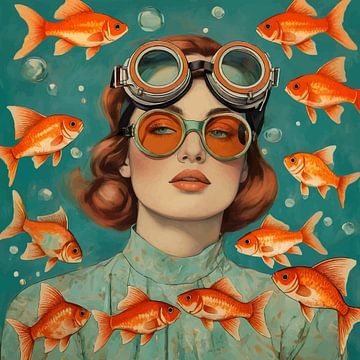 Surrealistisch vrouwenportret met vissenillustratie