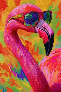 Kleurrijke flamingo met zonnebril en felle kleuren van Mel Digital Art