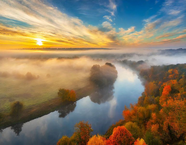 Rivière en automne avec brouillard par Mustafa Kurnaz