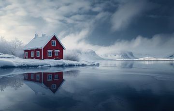Rode hut in de sneeuw van fernlichtsicht
