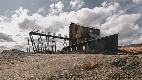 Industrial heritage – Horizontal panorama of the wooden mine building in Røros