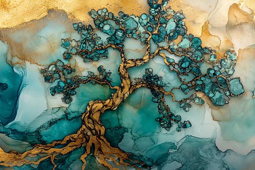 Abstracte boom in goud en turquoise