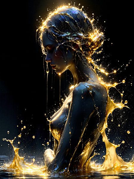 Femme nue sous la pluie dorée de la métamorphose - entre eau, lumière et abandon, où la sensualité se transforme en splendeur et où le dévoilement et le voilement se rejoignent dans un moment d'extase silencieuse. par AidasignArt