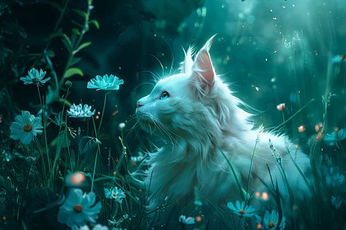 Witte mystieke kat – droomweide bij maanlicht