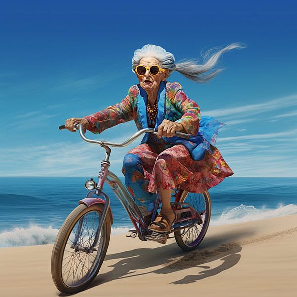 Surreal older woman colourfully dressed bicycle sea beach holiday by gm_designs