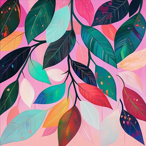 Feuilles vibrantes sur fond rose