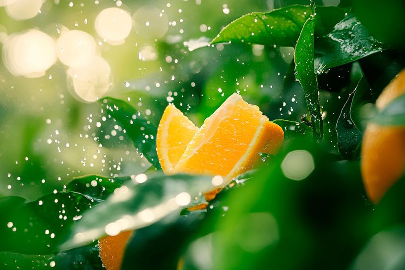 Juicy orange in a rain of drops - joie de vivre by Poster Art Shop