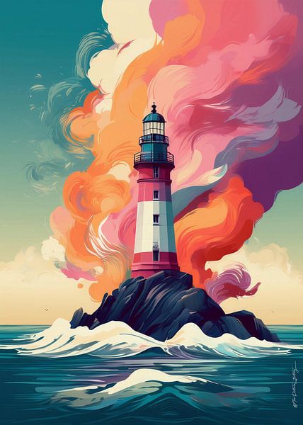 Leuchtturm vor flammendem Himmel von Ted Decker
