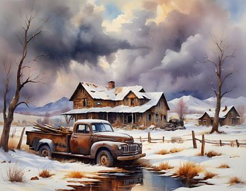 Boerderij in het Wilde Westen in de winter, pick-up truck van Nick Wendt