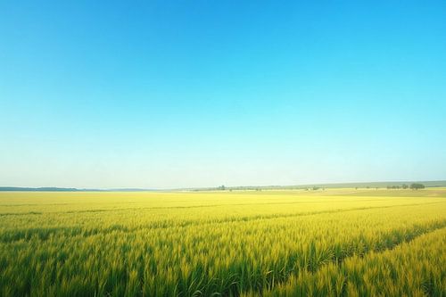 Uitgestrekte velden onder een eindeloze blauwe hemel