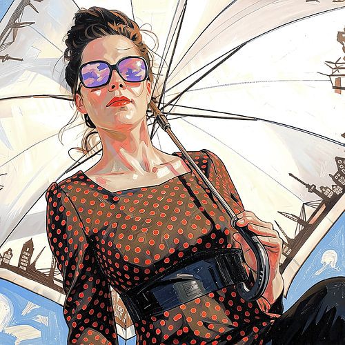 'Rotterdam Tourist': a painting of a woman with Rotterdam’s landmarks on her umbrella