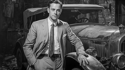 Onafhankelijke Amerikaanse man. Oud Amerikaans 1920 op een klassiek autokunstontwerp