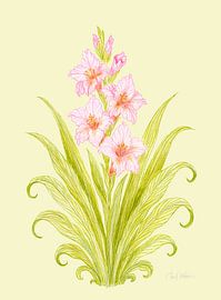 Blüte von stiller Anmut – Rosa Pflanzenmuster auf zartem Vintage-Gelb von Piret Victoria Ribas Art & Photography
