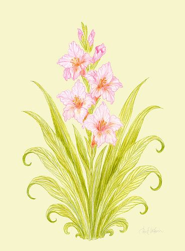 Bloesem van stille gratie – Roze botanisch motief op zacht vintagegeel