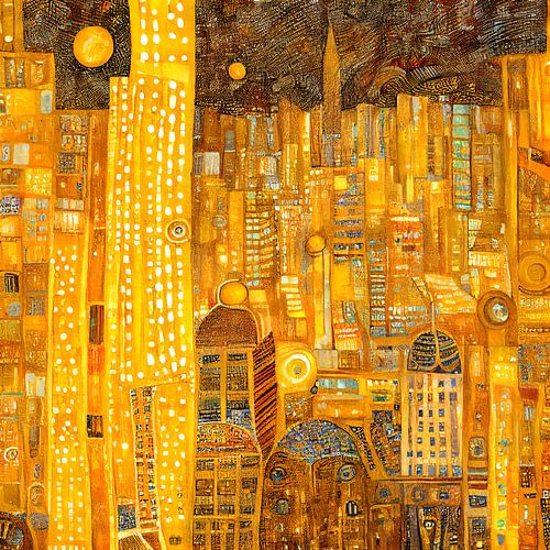 An evening in New York City in the style of Gustav Klimt