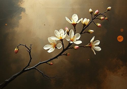 Een magnolia bloemen tak op donker bruine achtergrond stilleven japandi .