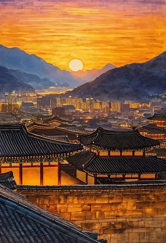 Korean Old Village Sunset – Impressionist Harmony by MIROKKU