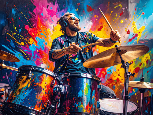 Energieke drummer in kleurrijk decor