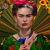 Frida in Groen met blauwe kolibrie, vlinder, bloemen