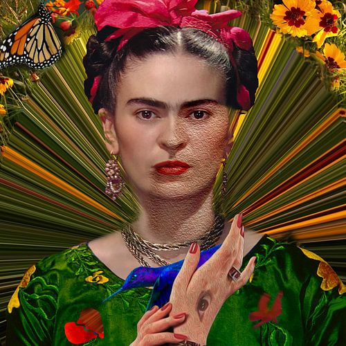 Frida in Grün mit blauem Kolibri und Blumen