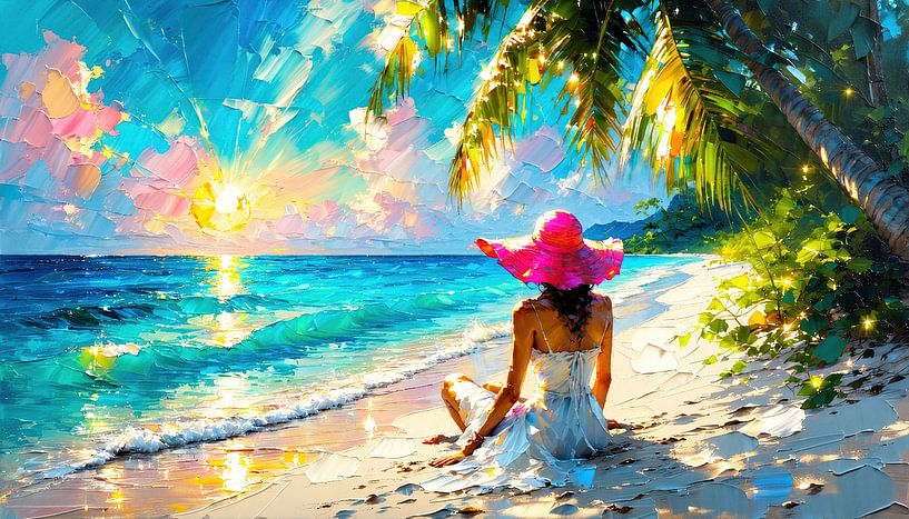 Woman in a pink hat by the blue sea in the magic of the rising sun by AidasignArt