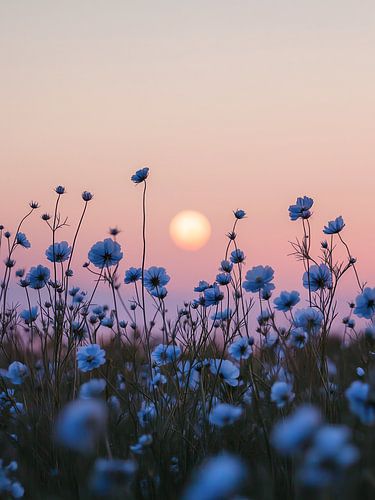 Celestial harmony: Blue flowers and full moon