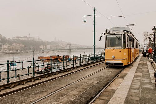 Yellow tram in Budapest city Hungary