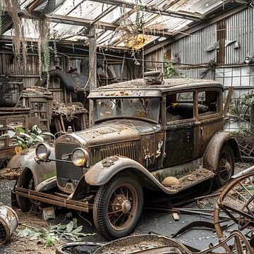 Vintage auto verloren plaats schuur werkplaats vergeten verval van gm_designs
