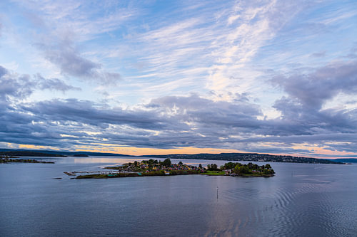 An island in the Oslofjord near Oslo, Norway, in the morning