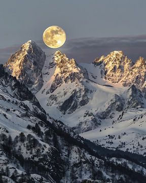 Maanverlichte nacht boven de Zwitserse Alpen van fernlichtsicht