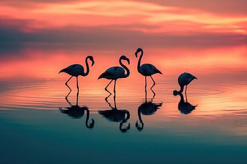 Flamingo's (foeragerend bij zonsondergang) van Fotografie Gina Heynze