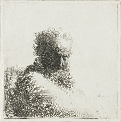 Oude man de blik naar beneden gericht: driekwart, naar rechts, Rembrandt van Rijn