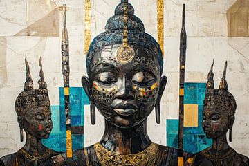 Drei Buddha-Statuen mit stilvollen orientalischen Details von Digitale Schilderijen
