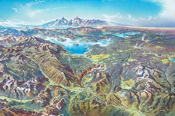 Plattegrond van het Nationaal Park Yellowstone (met labels), Heinrich Berann van Creatieve Kaarten