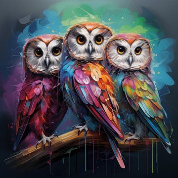 3 owls artistically colourful by TheXclusive Art