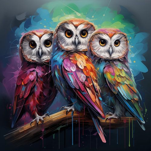 3 Eulen kunstvoll bunt