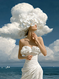 Oceanic Mirage - Elegant Mode Portret met Wit Gewaad en Sculpturale Wolkenkroon met orchidee