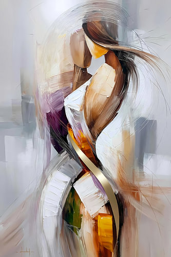 Tableau abstrait chaleureux : un homme et une femme dans une étreinte dorée