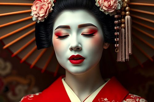 Japanese art Geisha with closed eyes