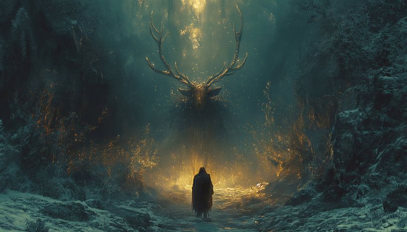 Encounter with the glowing deer spirit in the forest by artefacti