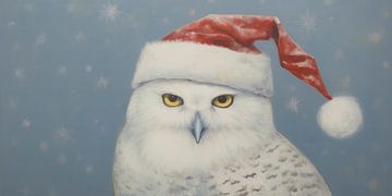 Hibou des neiges portant un chapeau de Père Noël sur Whale & Sons